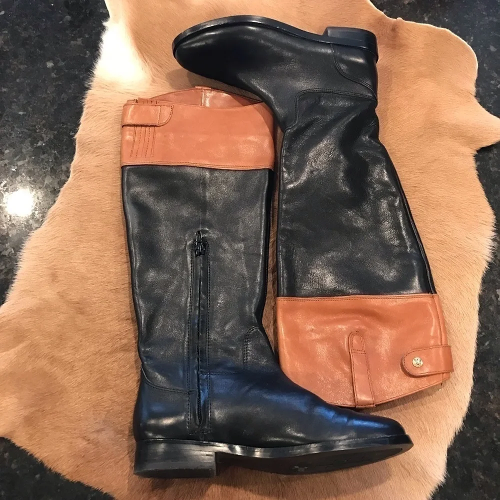 Lauren Ralph Lauren Tall Boot Logo Leather Logo Black Tan Knee Boots